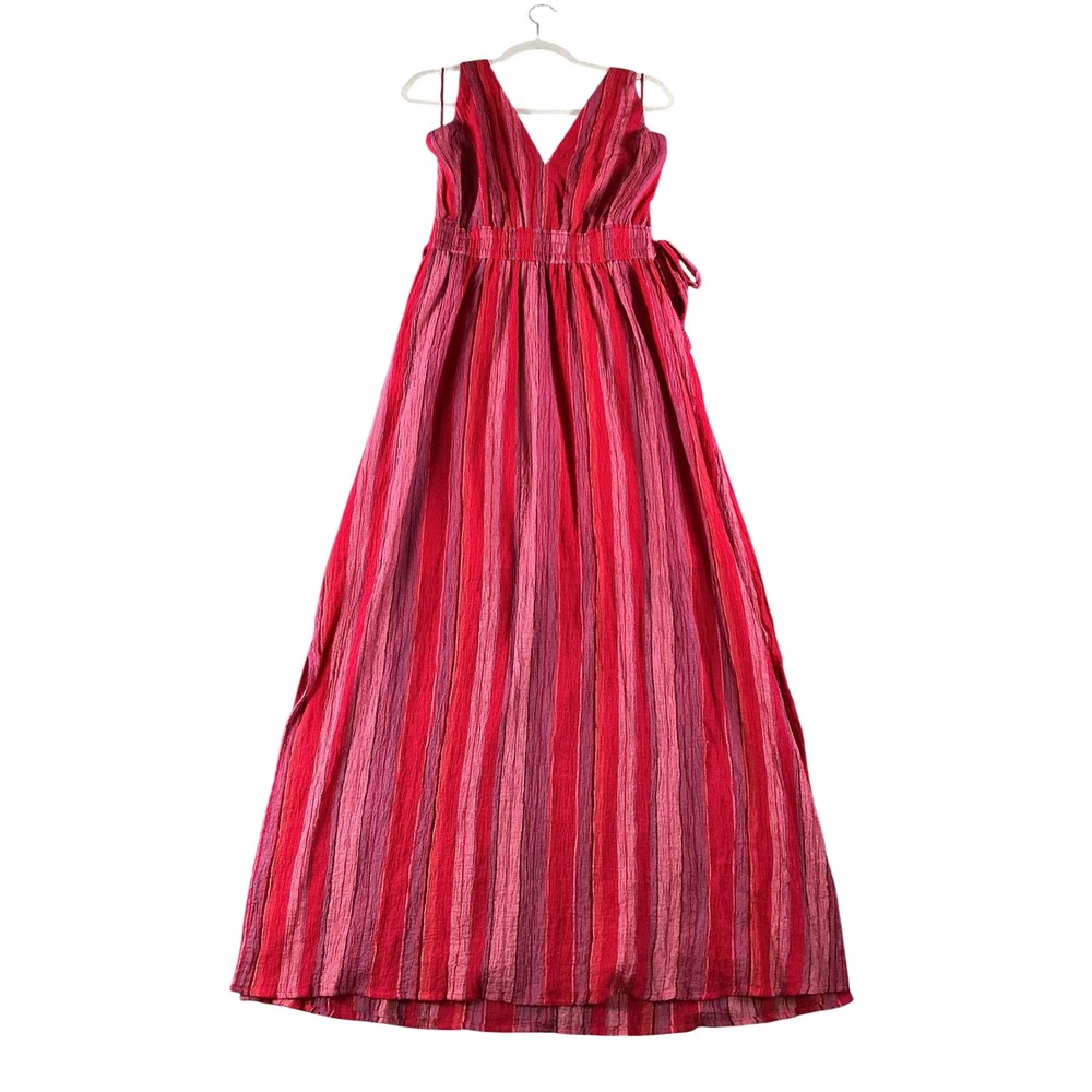 Amaryllis Red Pink Striped V-Neck Maxi Dress Small Boho Smocked Back Cotton